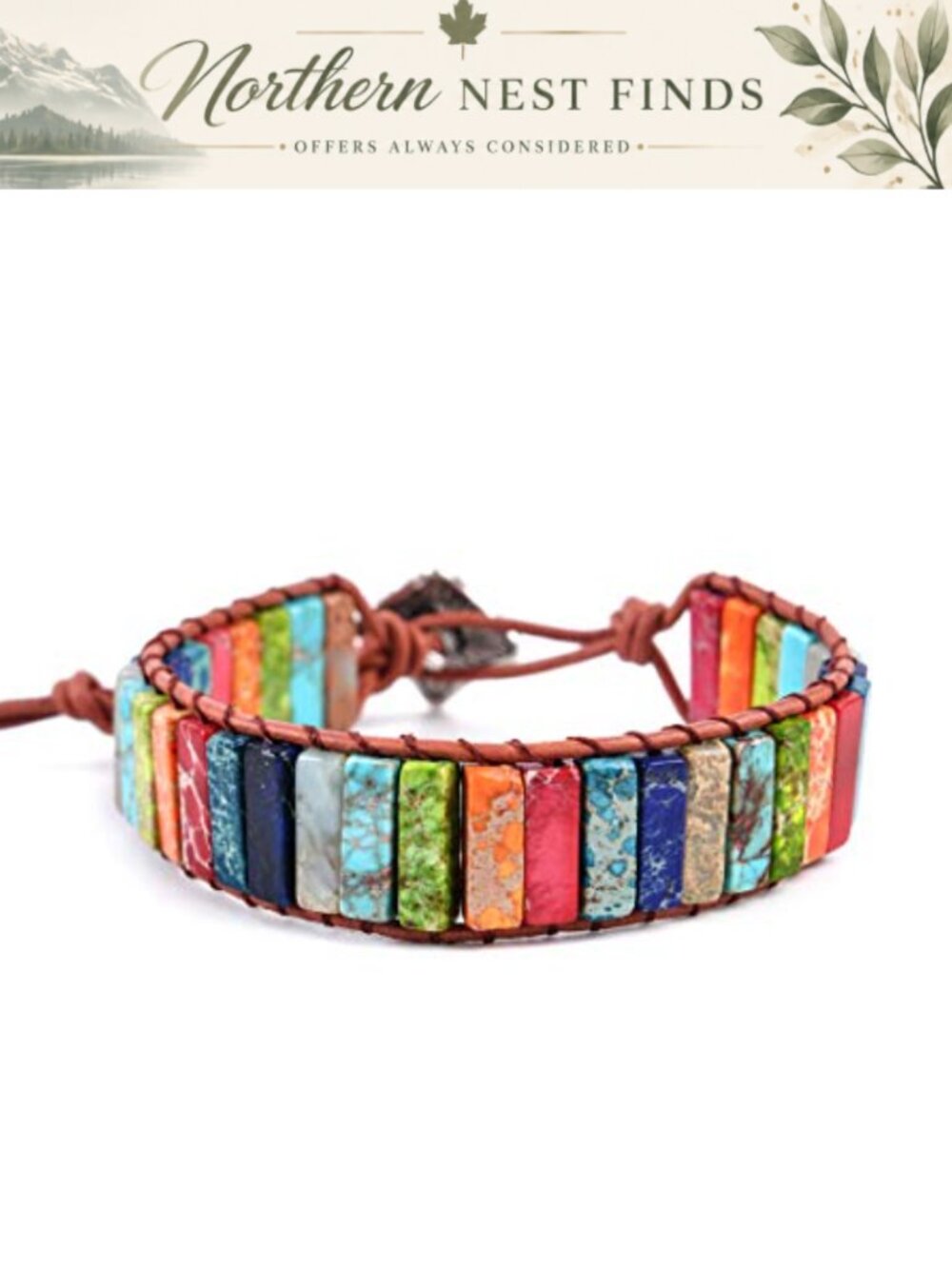 7 Chakra Imperial Jasper Stone Wrap Bracelet Adjustable Leather Boho Healing